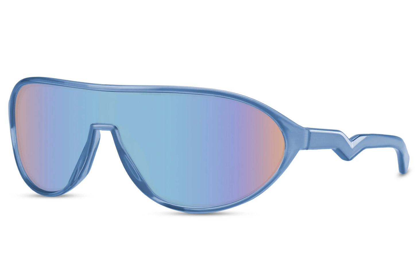 Løbebriller med ovale blå glas og blåt stel set fra siden