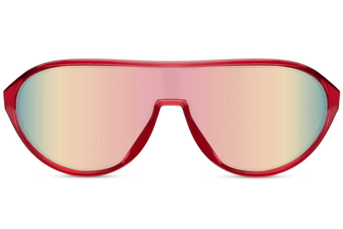 Løbebriller med ovale lyse glas og rødt stel set fra fronten