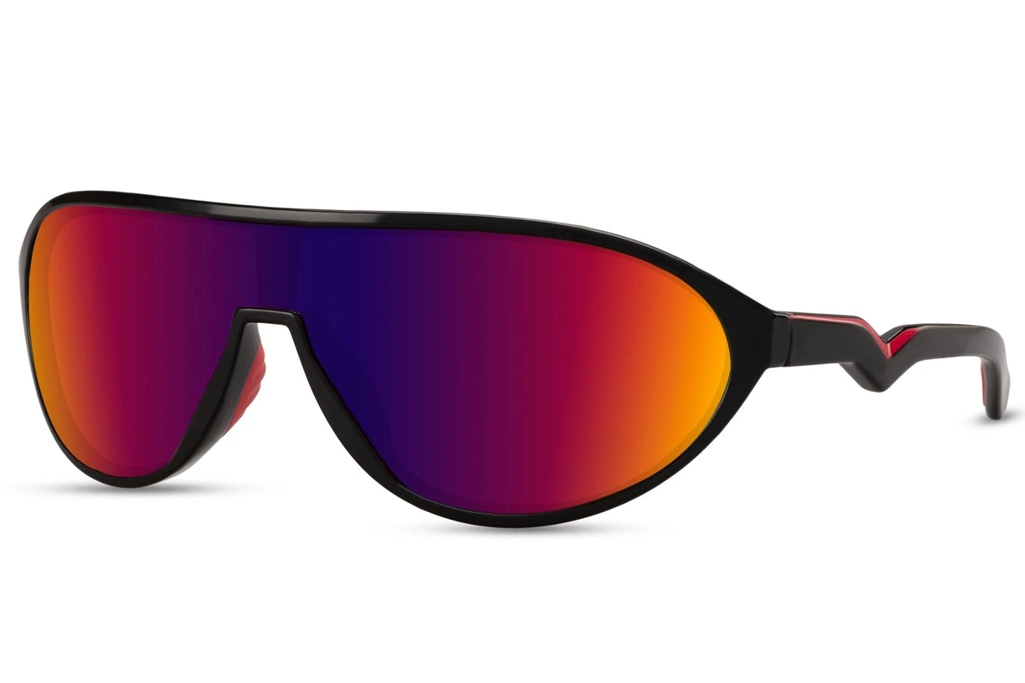 Løbebriller med ovale røde glas og sort stel set fra siden