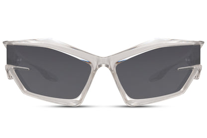 Lynhurtige hurtigbriller med sølv stel og grå glas set fra fronten