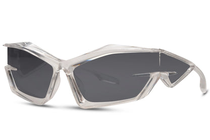 Lynhurtige hurtigbriller med sølv stel og grå glas set fra siden