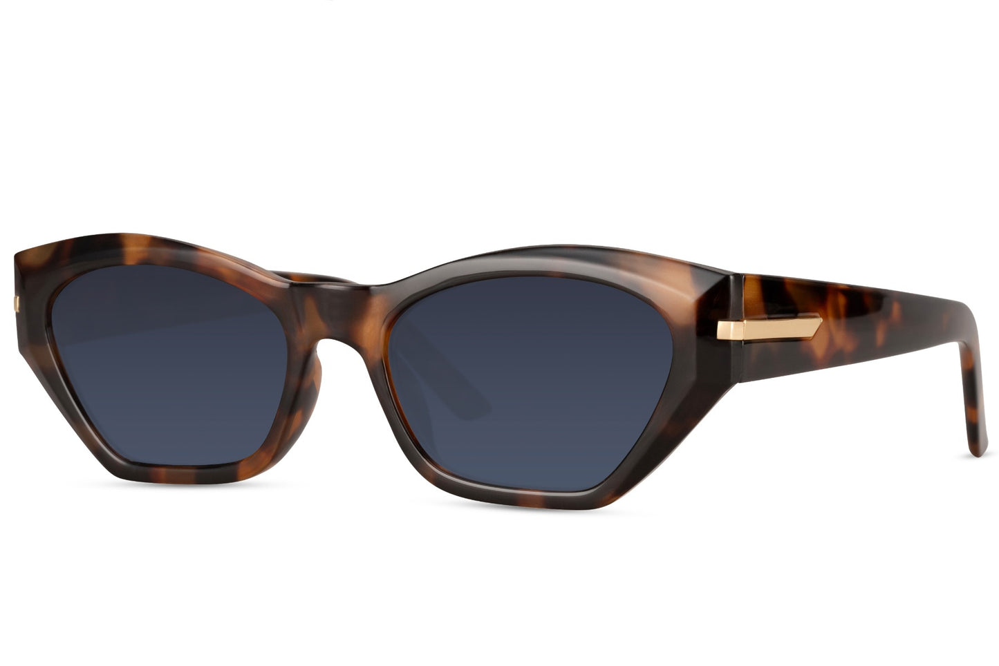 Moderne hurtigbriller med blå glas og leopard stel set fra siden