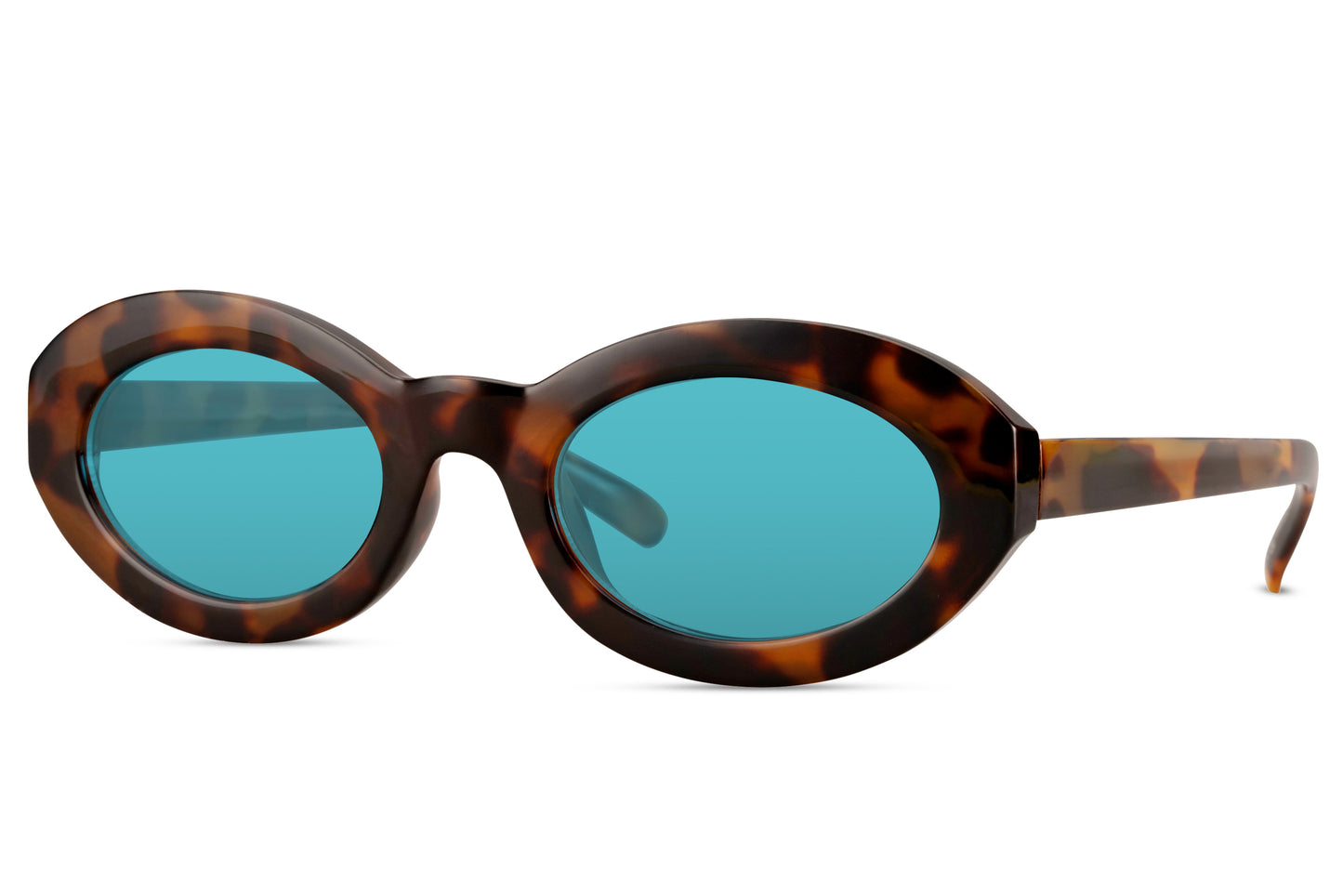 Ovale briller med tyk og leopard stel med blå glas