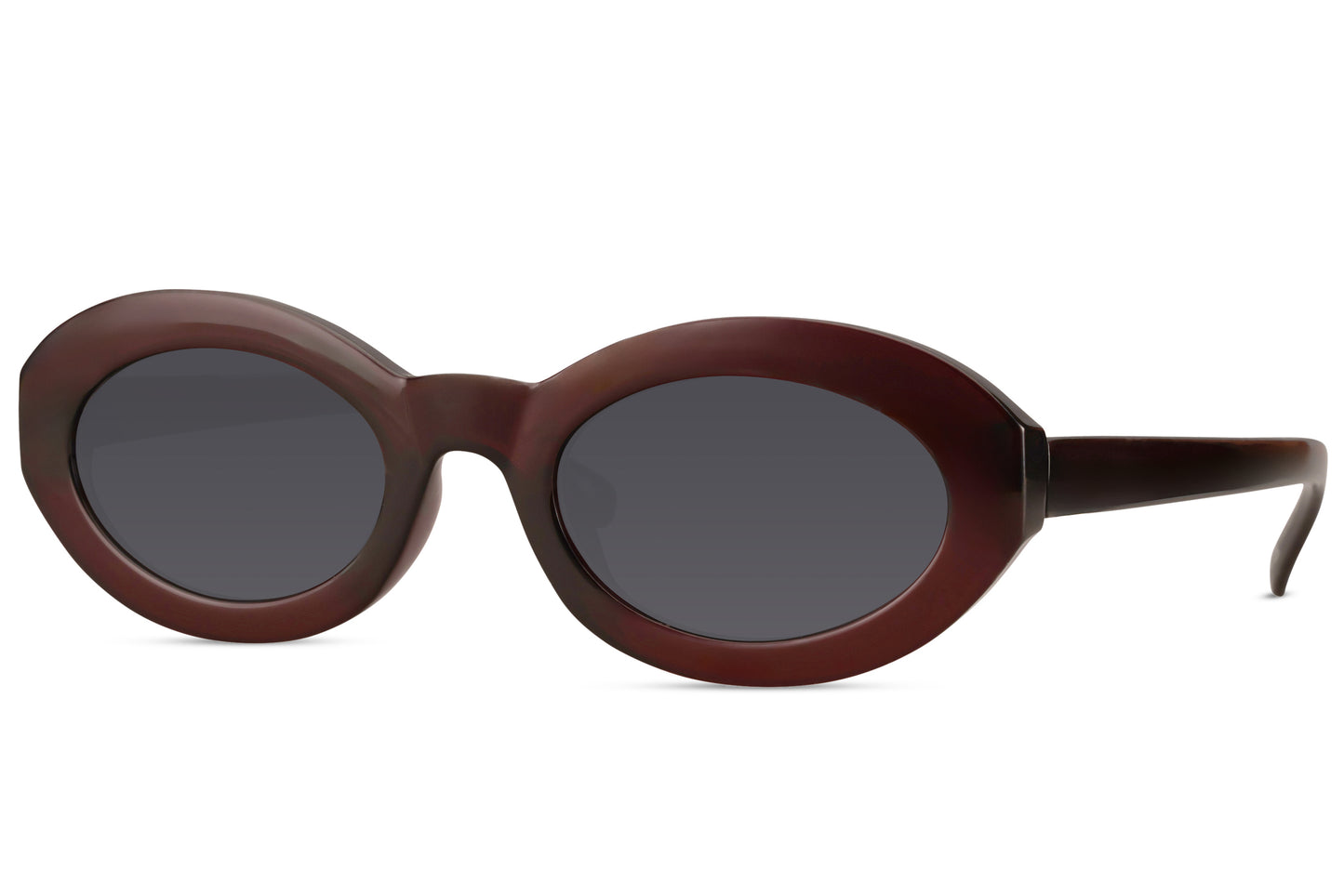 Ovale briller med tyk og mørkerødt stel med mørke glas