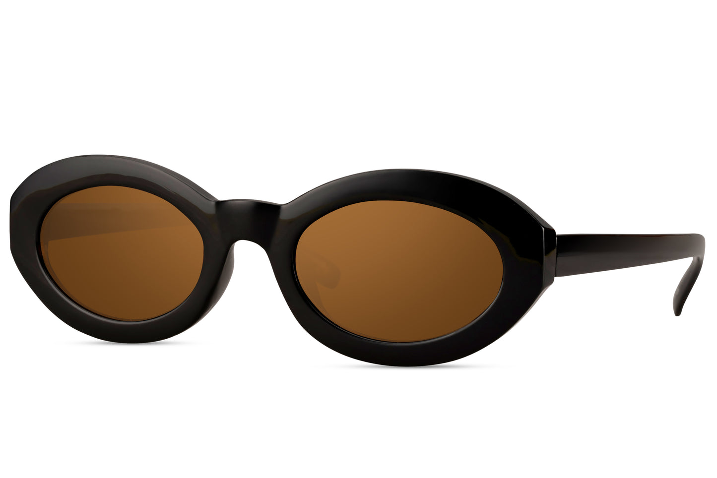 Ovale briller med tyk og sort stel med brune glas