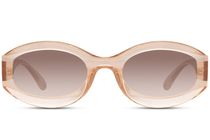 Ovale hurtigbriller med beige glas og beige stel set fra fronten