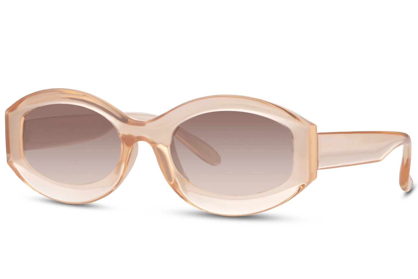 Ovale hurtigbriller med beige glas og beige stel set fra siden