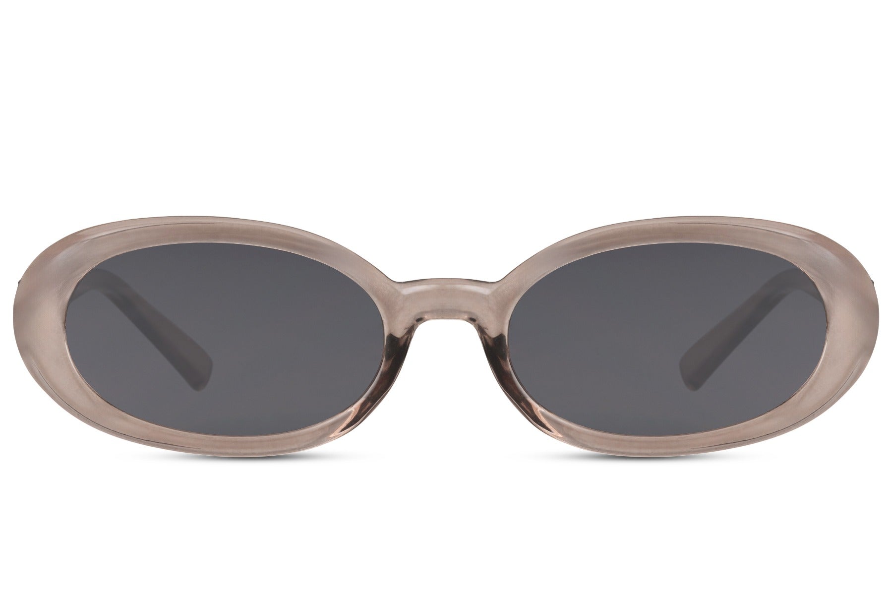 Smalle ovale hurtige solbriller med grå glas set fra fronten