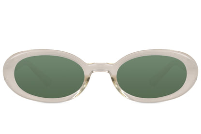 Smalle ovale hurtige solbriller med grønne glas set fra fronten