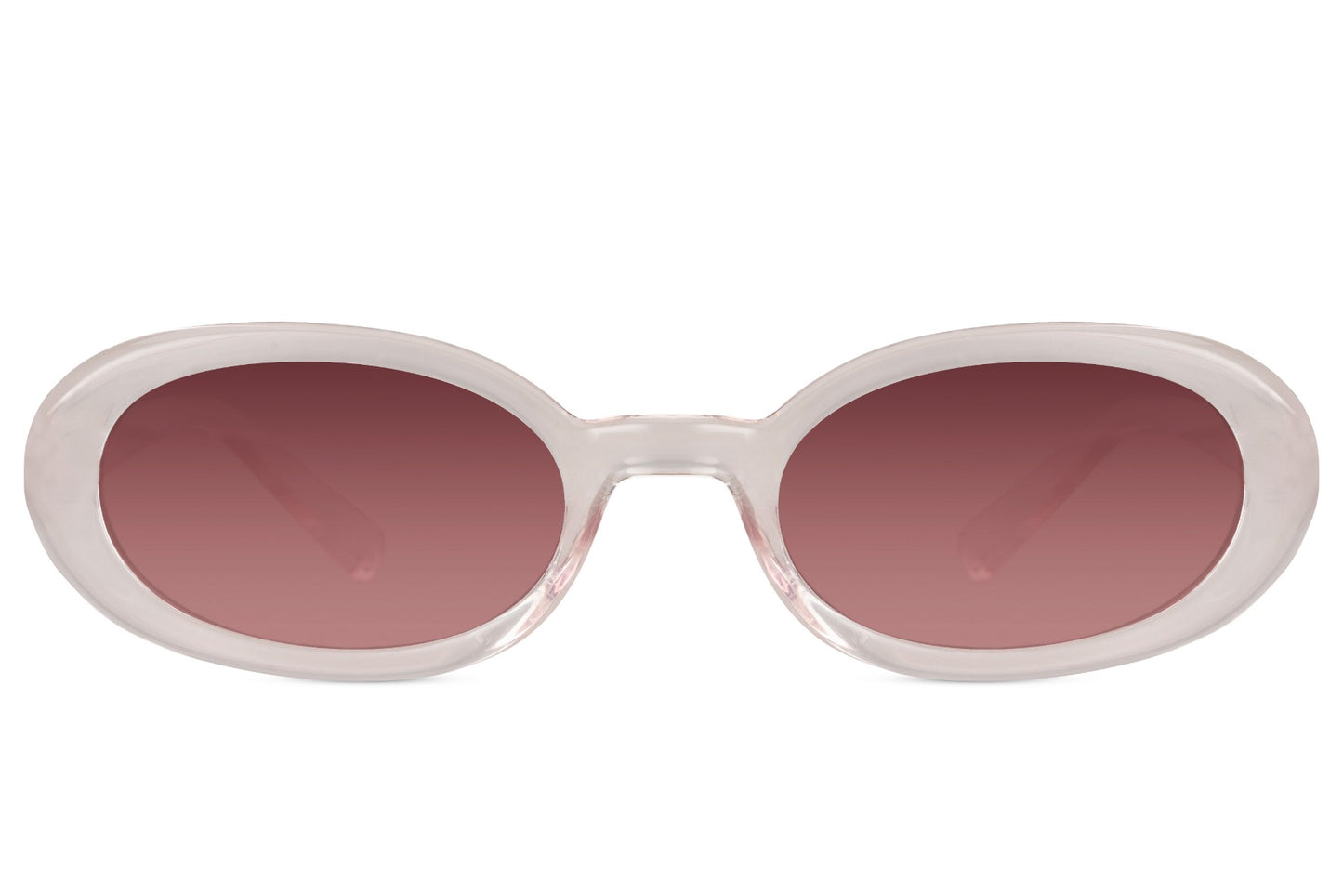 Smalle ovale hurtige solbriller med røde glas set fra fronten