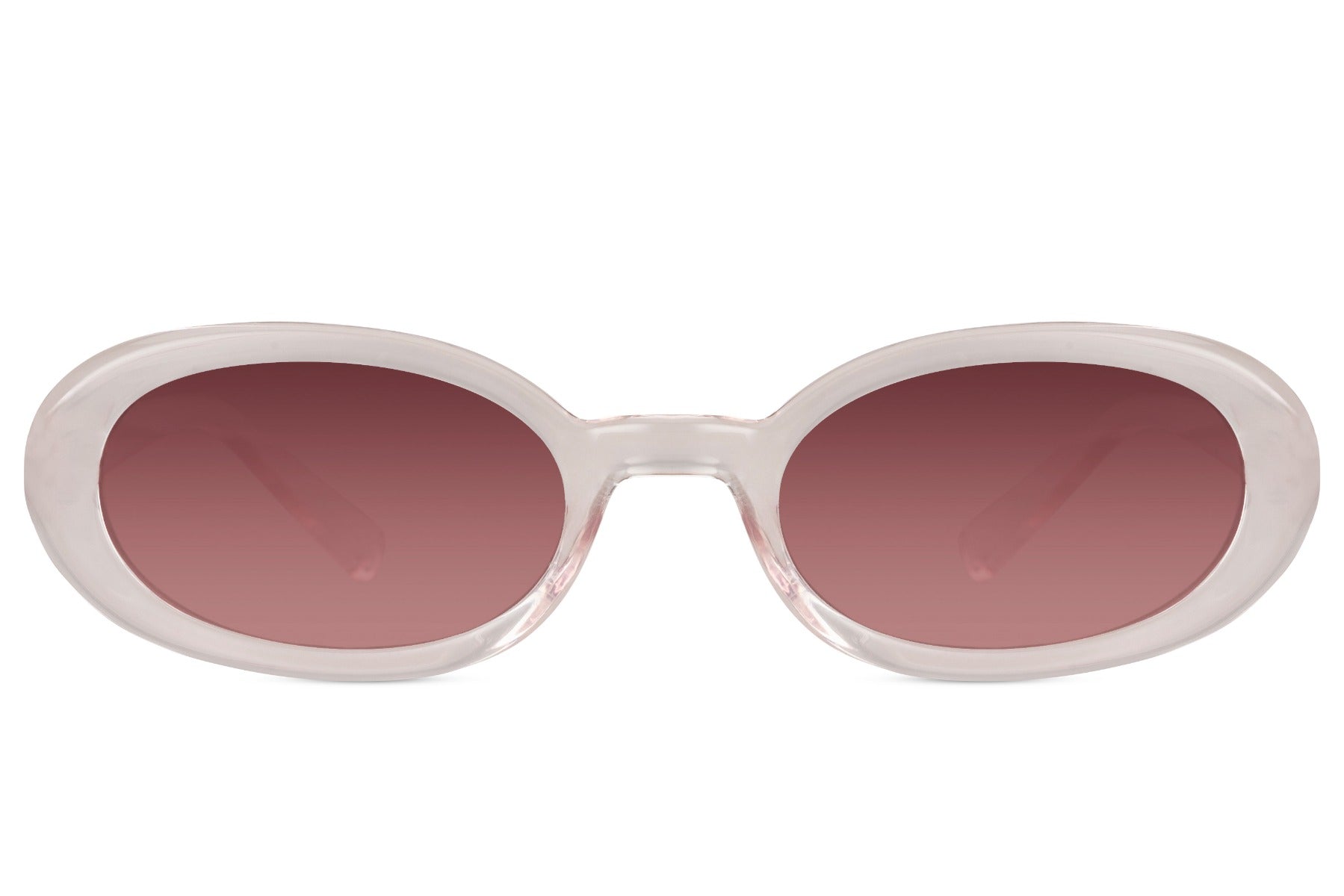 Smalle ovale hurtige solbriller med røde glas set fra fronten