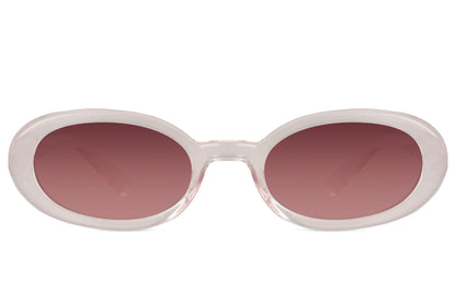 Smalle ovale hurtige solbriller med røde glas set fra fronten