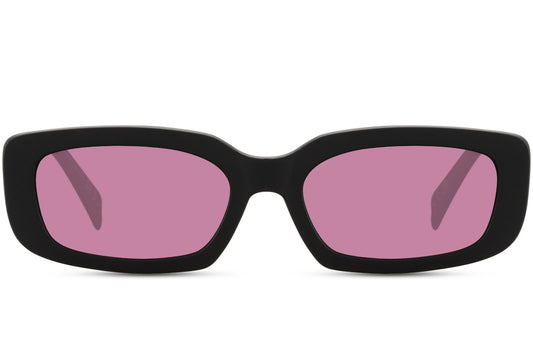 Hurtigbriller med pink glas og rektangulært sort stel set fra fronten
