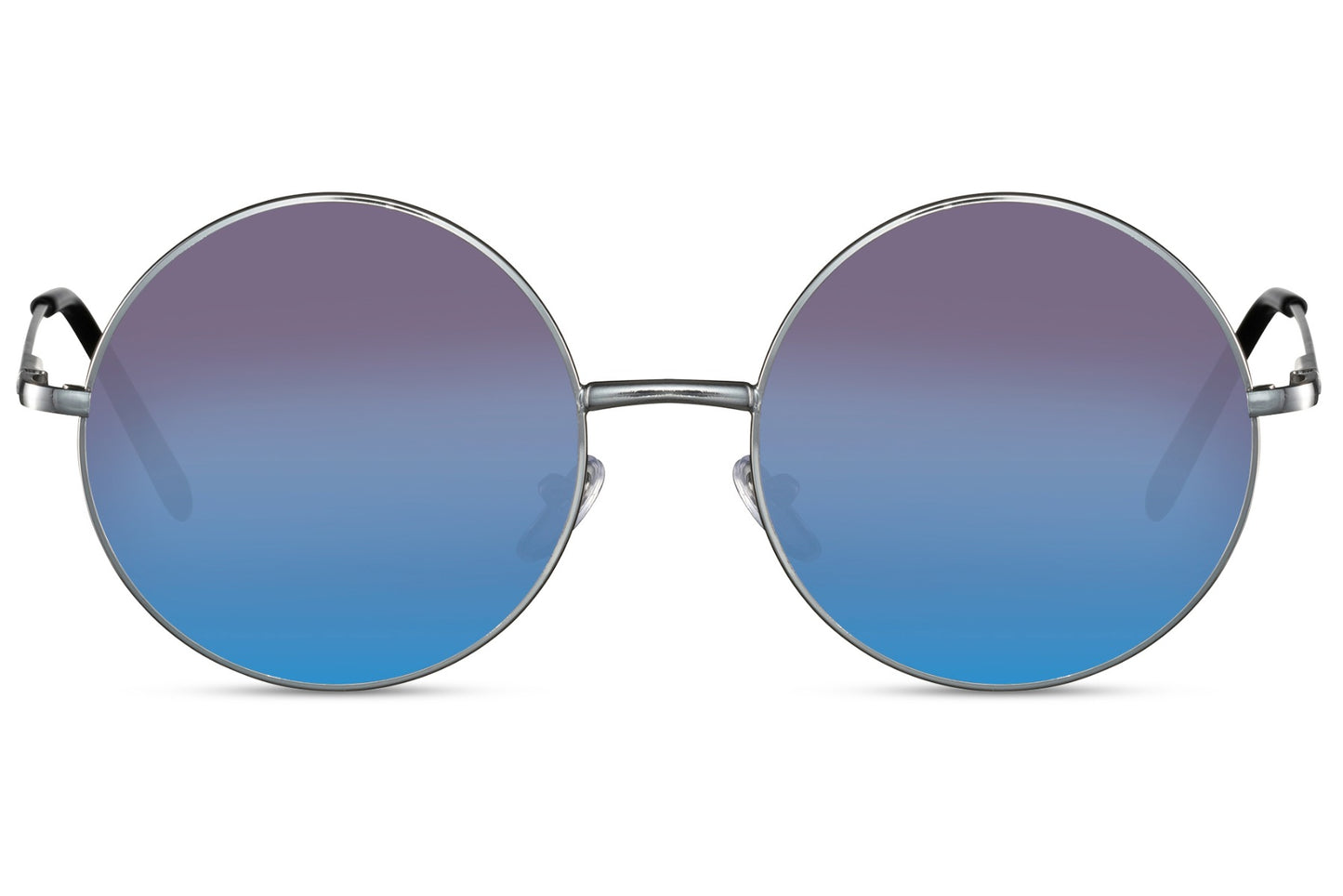 Professor solbriller med kuglerunde glas i blå og lilla set fra fronten