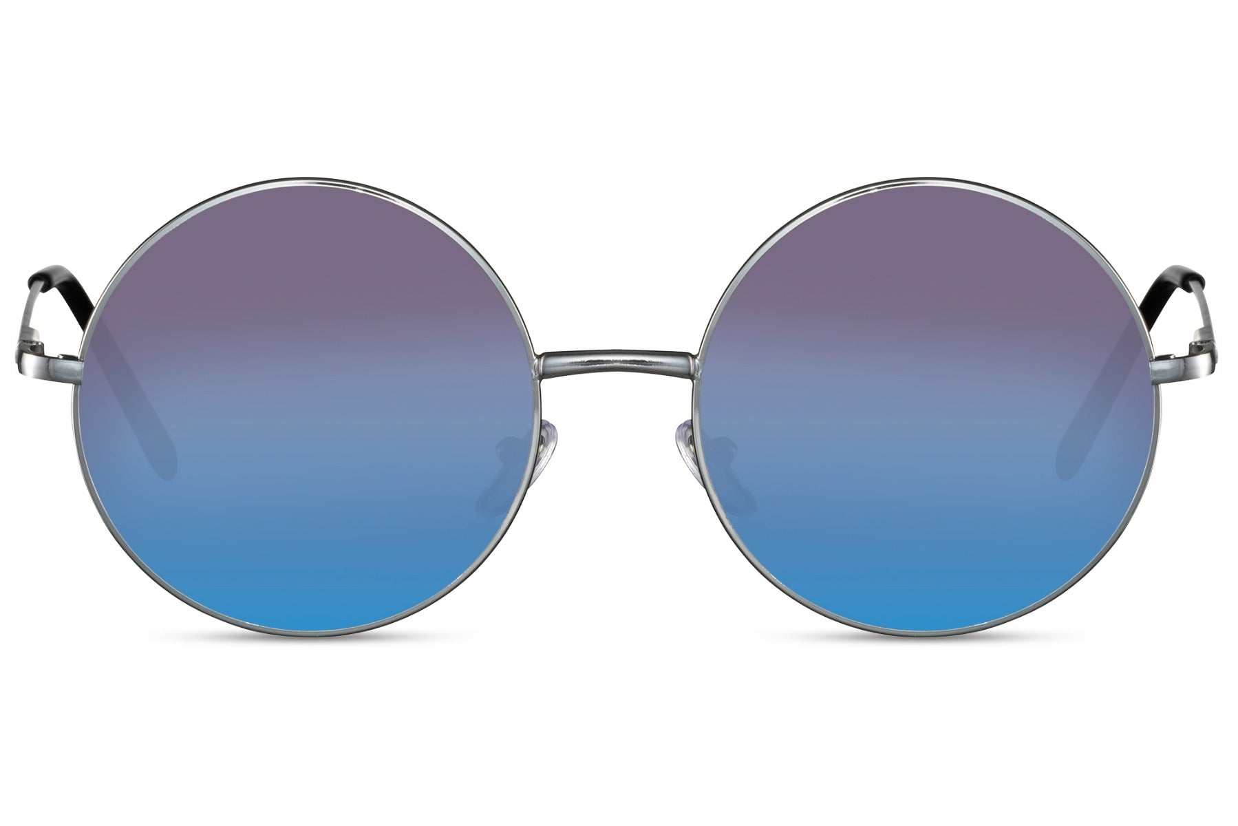 Professor solbriller med kuglerunde glas i blå og lilla set fra fronten