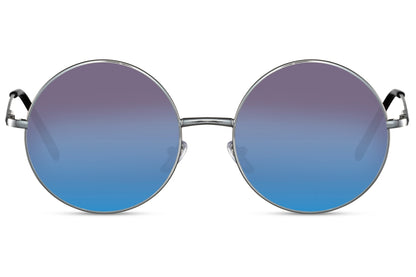 Professor solbriller med kuglerunde glas i blå og lilla set fra fronten