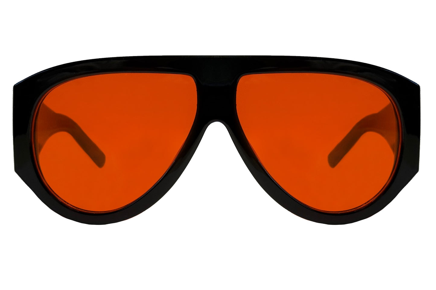 Rød og sort hurtigbrille med store runde glas og tyk stel set fra fronten