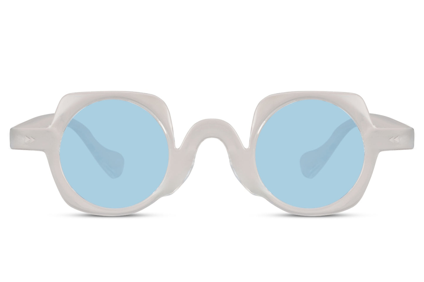 Runde hurtigbriller med firkantet stel i blå set fra fronten