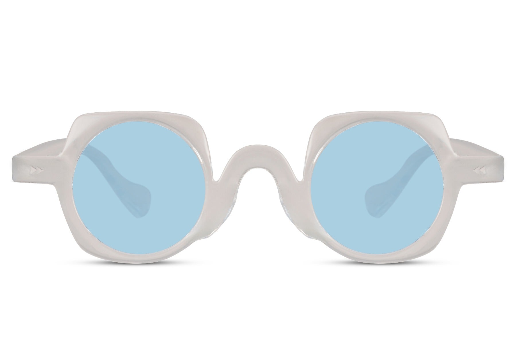 Runde hurtigbriller med firkantet stel i blå set fra fronten