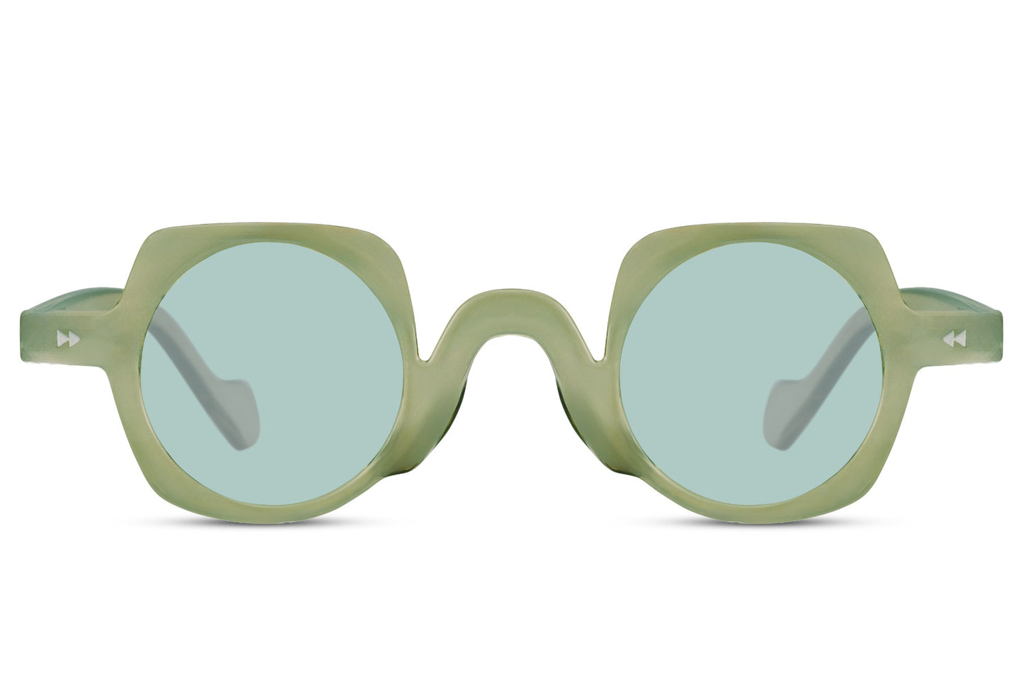 Runde hurtigbriller med firkantet stel i grøn set fra fronten