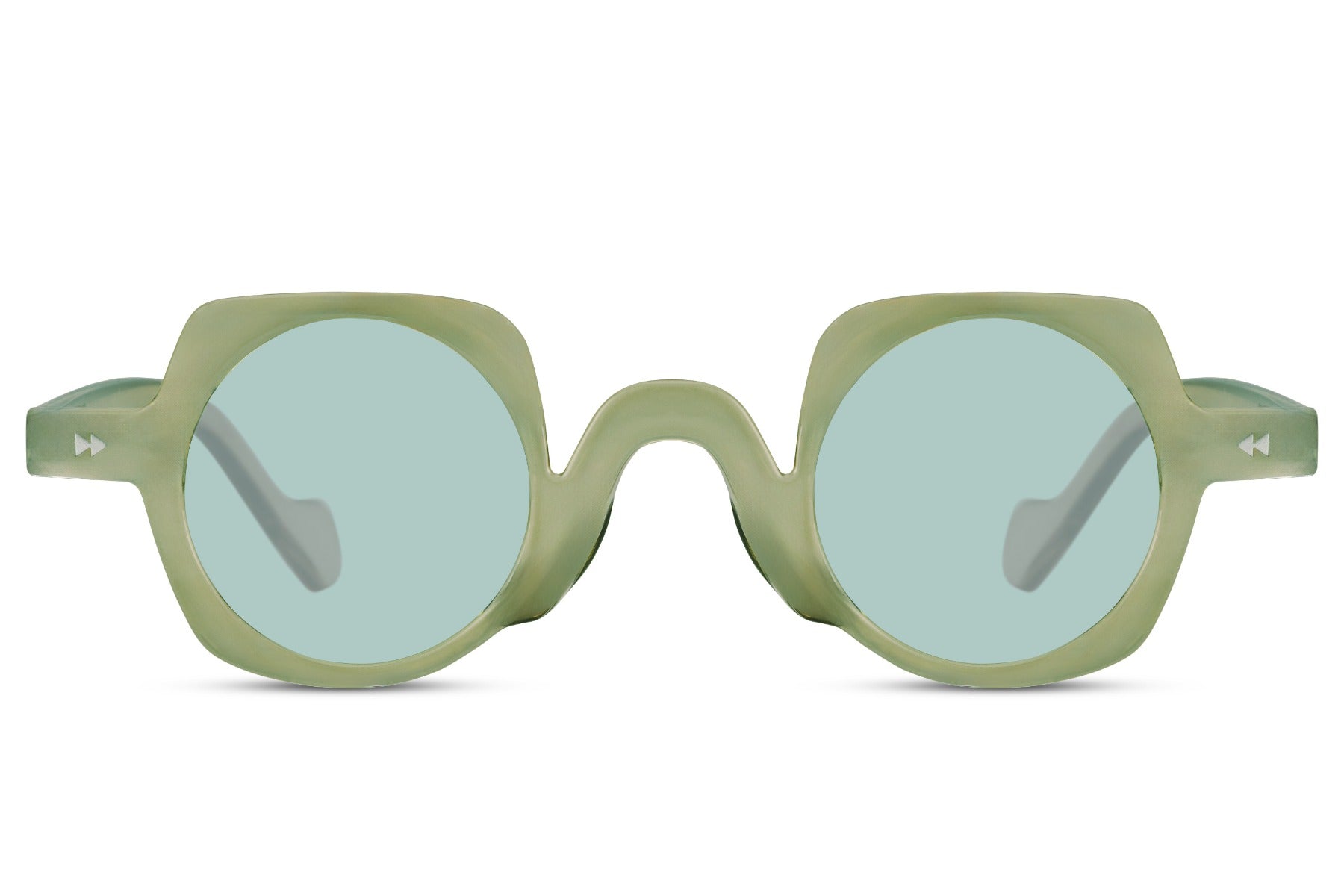 Runde hurtigbriller med firkantet stel i grøn set fra fronten