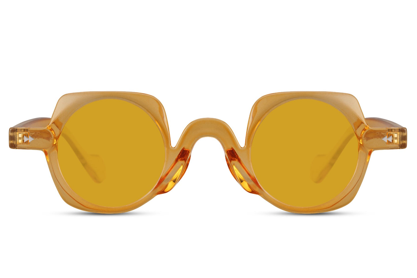 Runde hurtigbriller med firkantet stel i gul set fra fronten