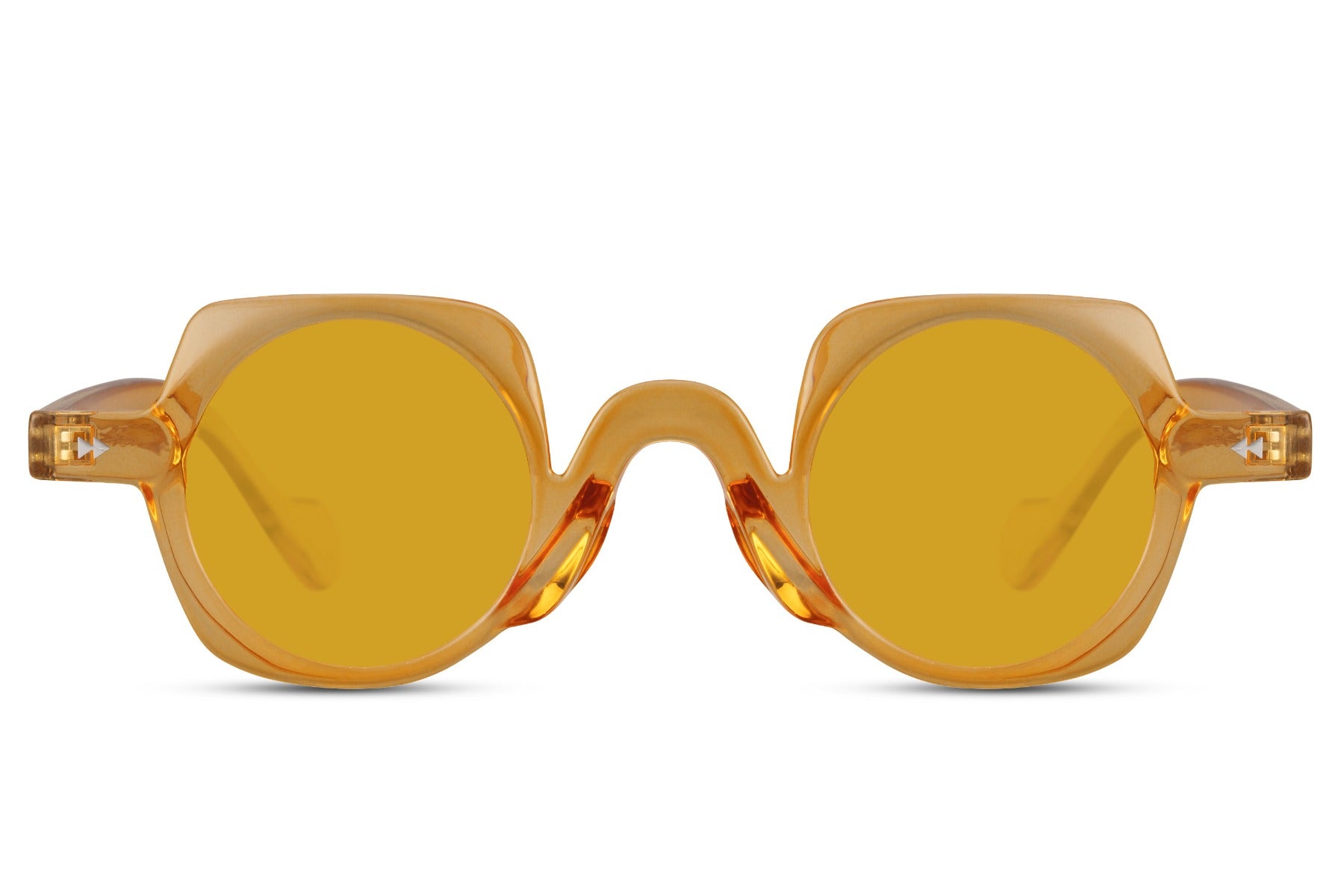 Runde hurtigbriller med firkantet stel i gul set fra fronten