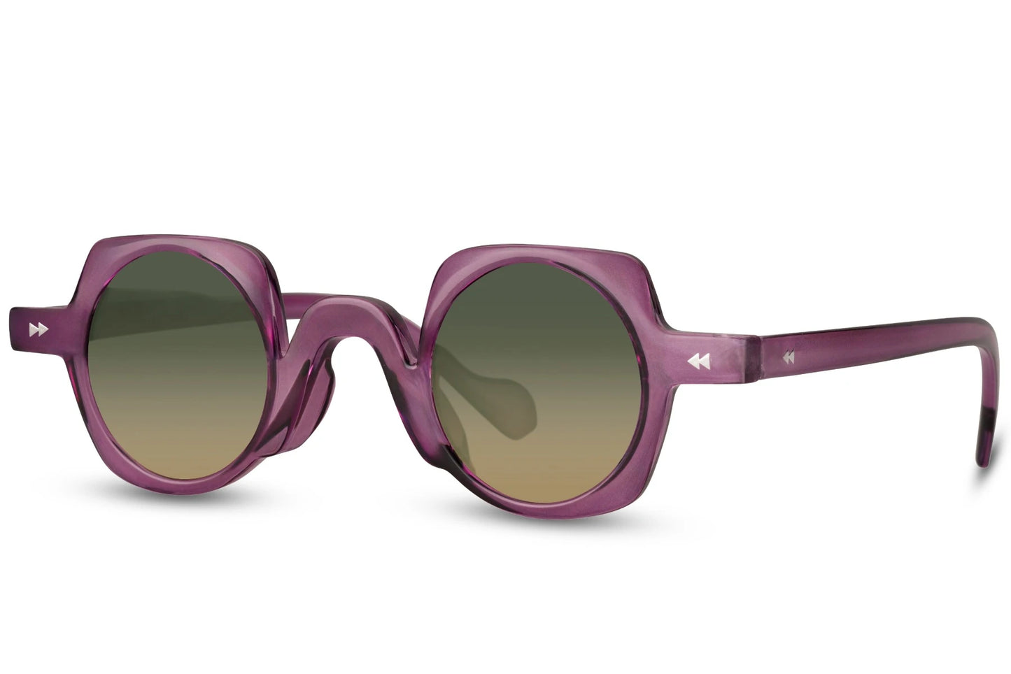 Runde hurtigbriller med firkantet stel i lilla set fra siden