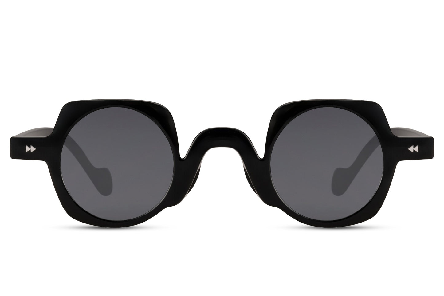 Runde hurtigbriller med firkantet stel i sort set fra fronten