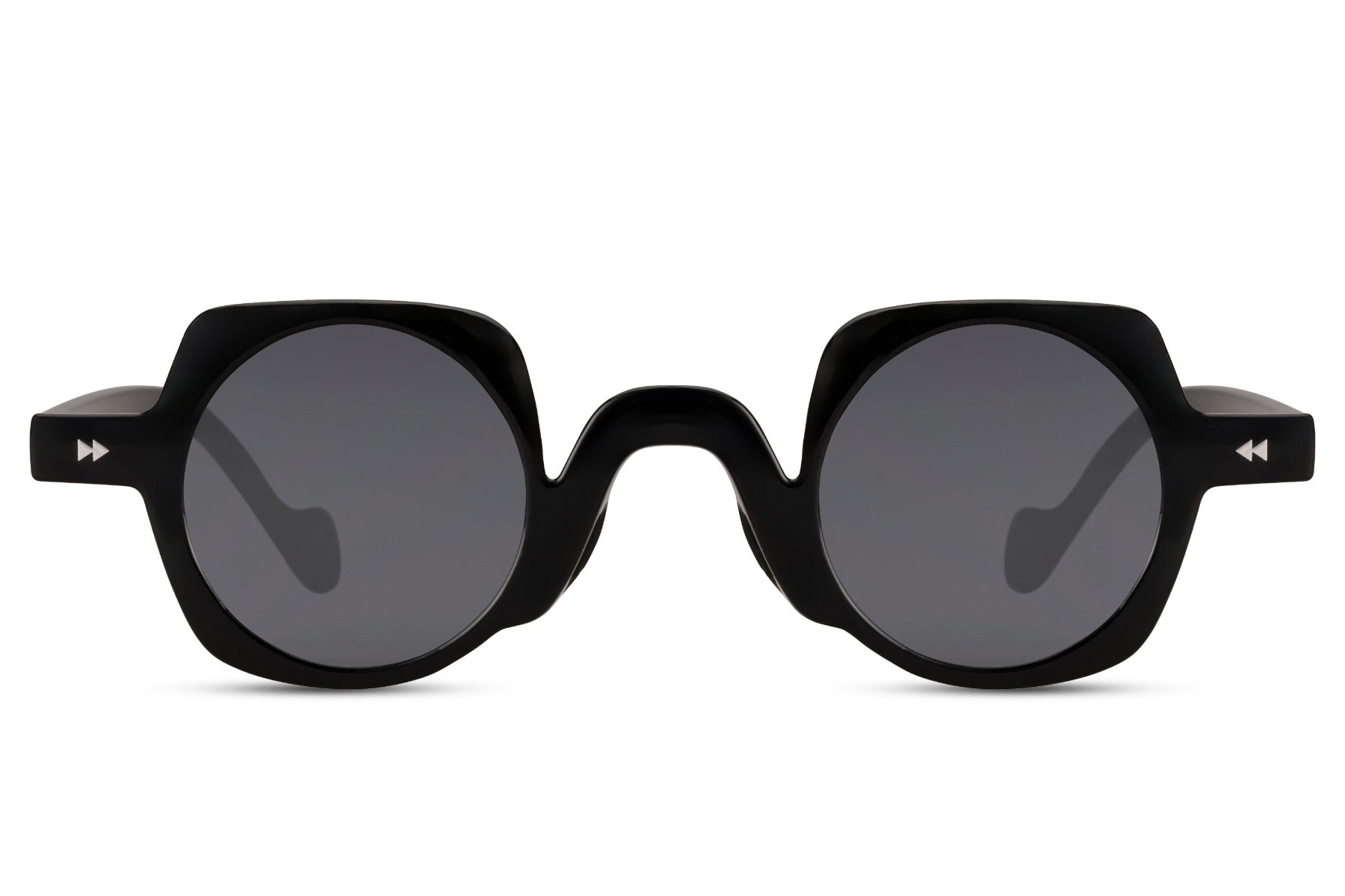 Runde hurtigbriller med firkantet stel i sort set fra fronten