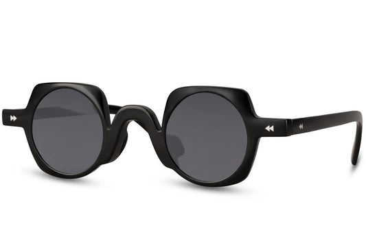 Runde hurtigbriller med firkantet stel i sort set fra siden