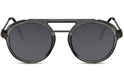 Runde hurtigbriller i laboratorie stil med grå glas og stel set fra fronten