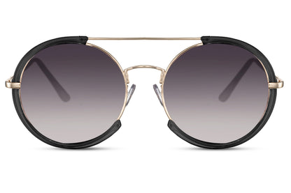 Runde hurtige briller med halvmåne ramme og sorte glas set fra fronten