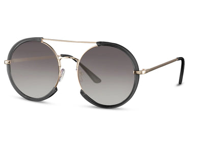 Runde hurtige briller med halvmåne ramme og sorte glas set fra siden