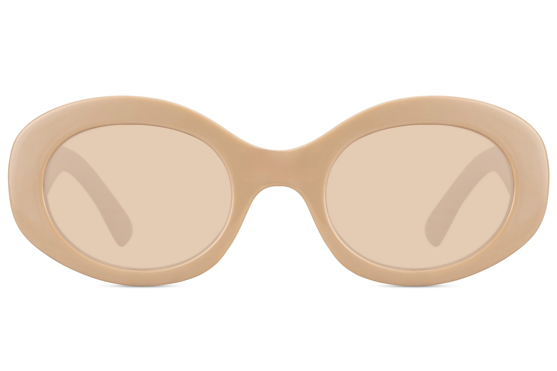 Runde hurtige solbriller med beige glas og stel set fra fronten
