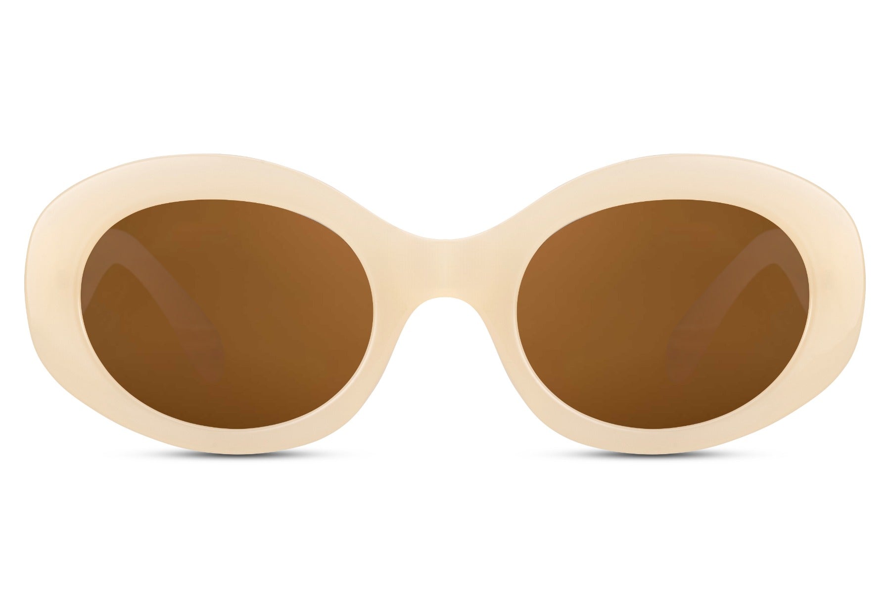 Runde hurtige solbriller med brune glas og beige stel set fra fronten