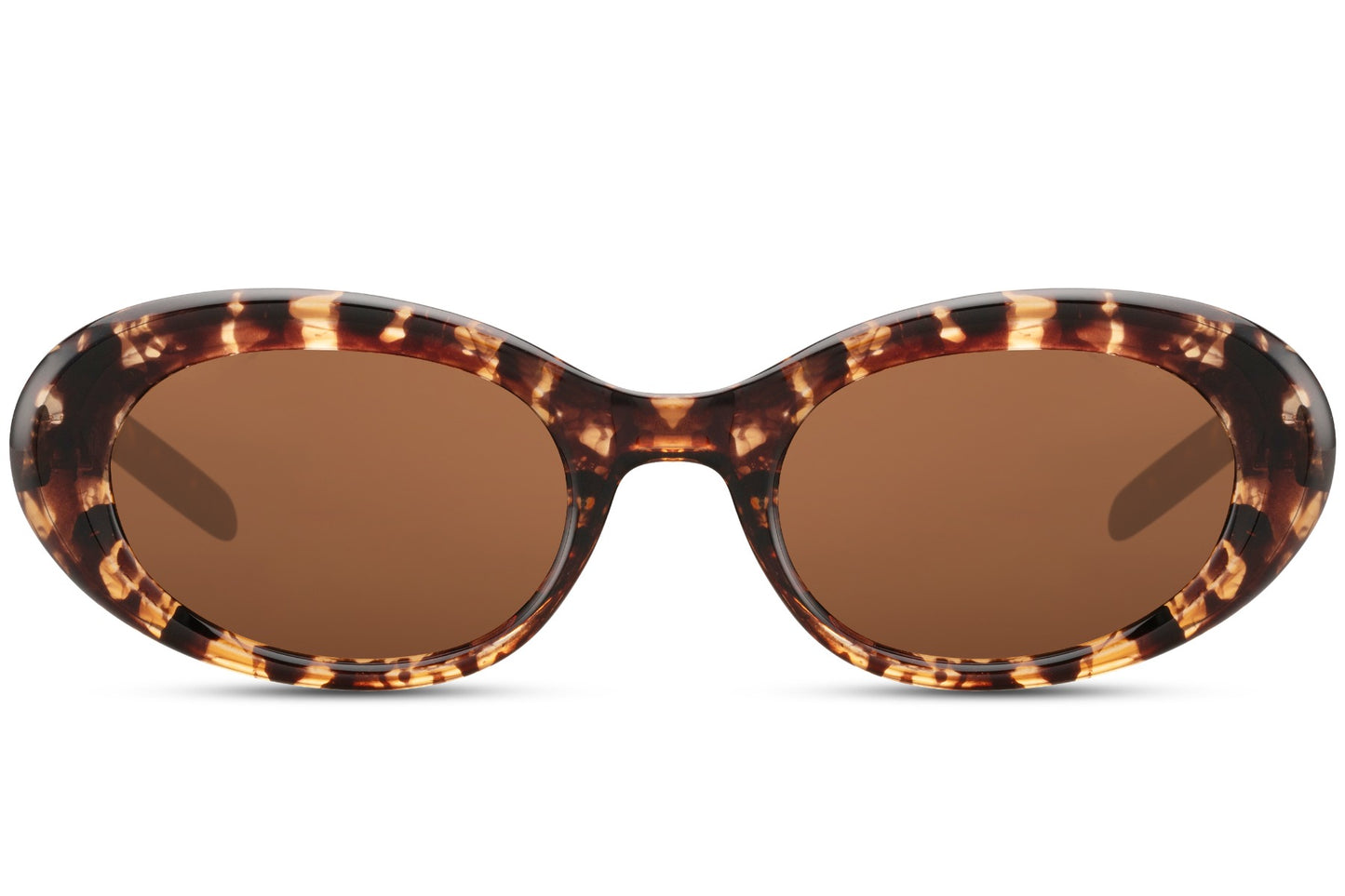 Runde hurtigbriller med ovale glas og tyk stel i leopard og brun set fra fronten