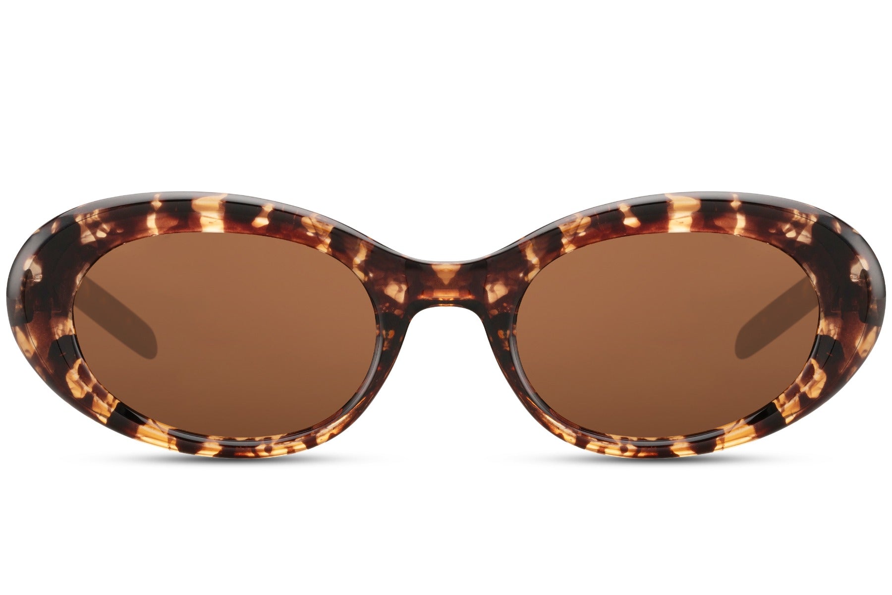 Runde hurtigbriller med ovale glas og tyk stel i leopard og brun set fra fronten