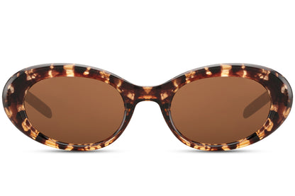 Runde hurtigbriller med ovale glas og tyk stel i leopard og brun set fra fronten