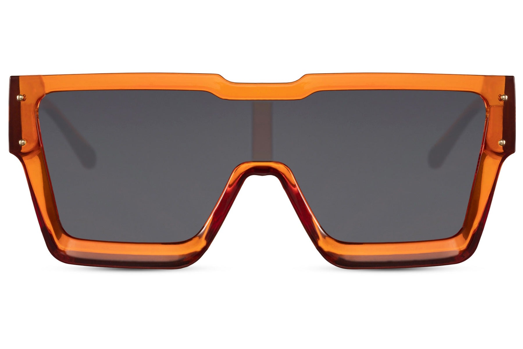 Shield solbriller med ét glas og orange stel set fra fronten