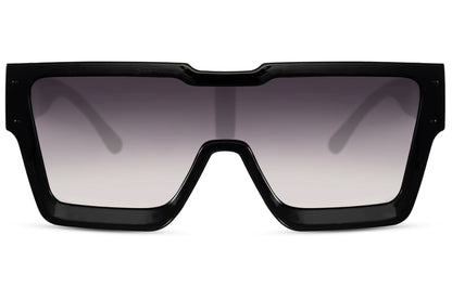 Shield solbriller med ét glas og sort stel set fra fronten