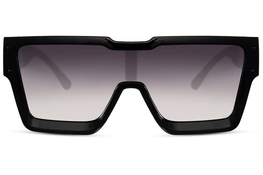 Shield solbriller med ét glas og sort stel set fra fronten