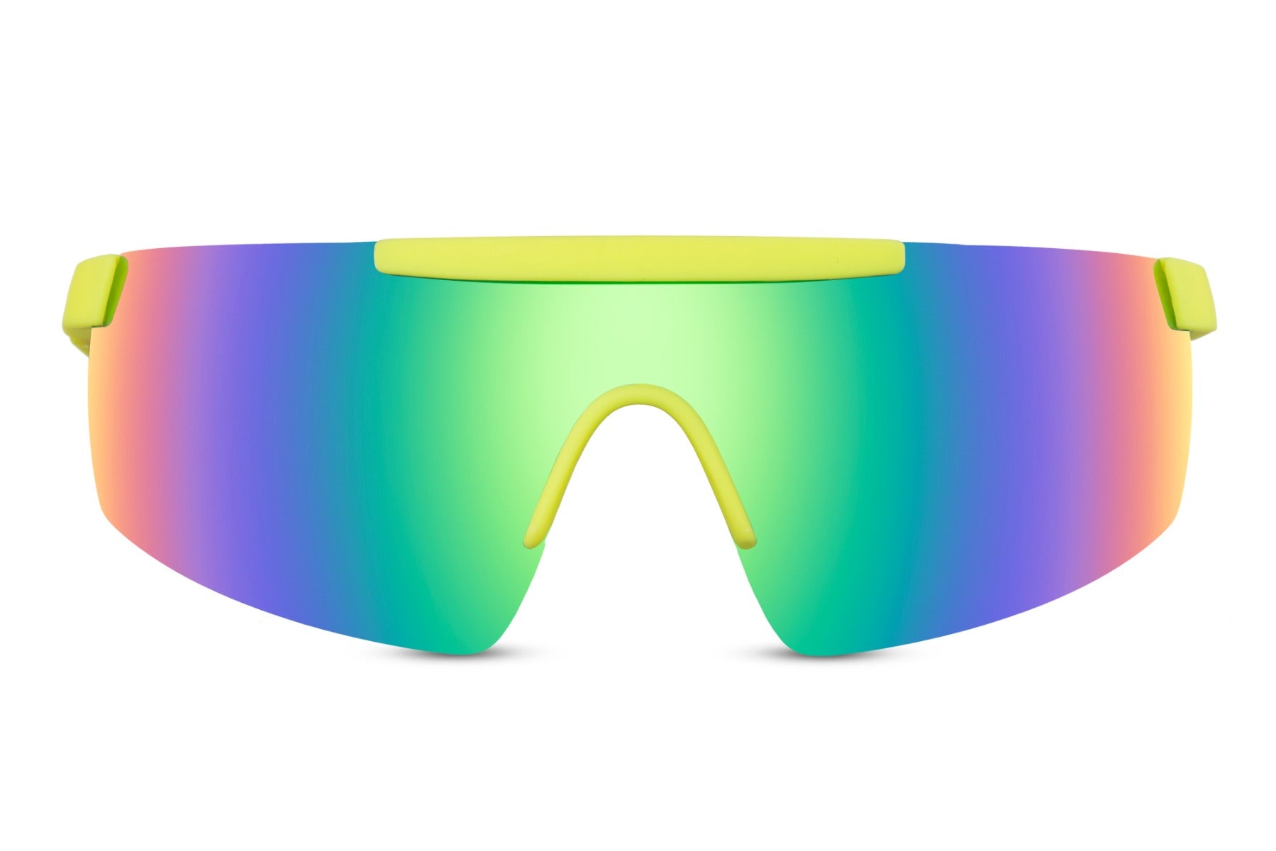 Simple cykelbriller i grøn gradient glas og gult stel set fra fronten