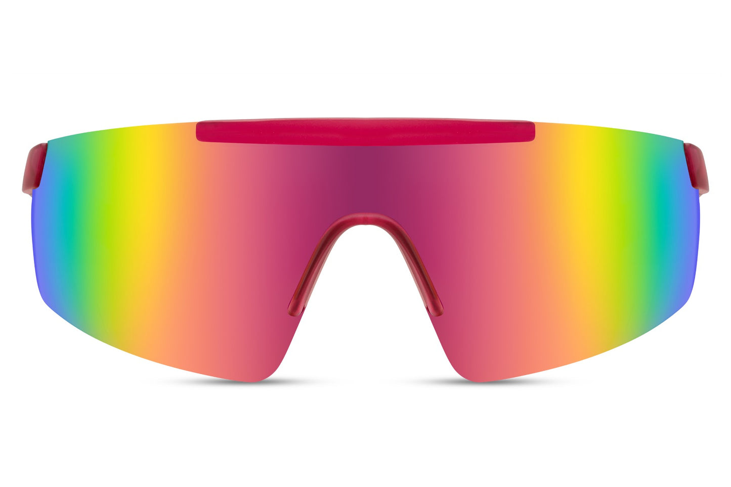 Simple cykelbriller i lilla gradient glas og rødt stel set fra fronten