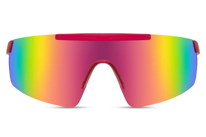 Simple cykelbriller i lilla gradient glas og rødt stel set fra fronten