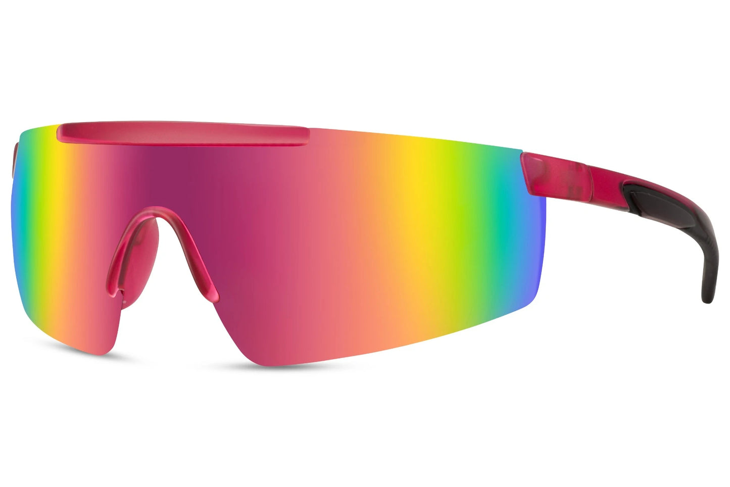 Simple cykelbriller i lilla gradient glas og rødt stel set fra siden