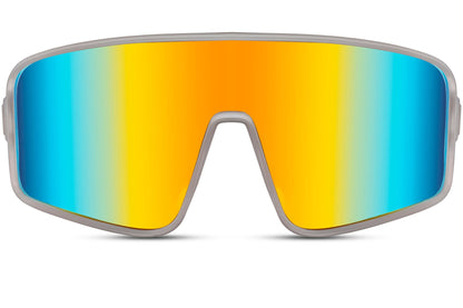 Simple cykelbriller med orange og blå glas set fra fronten