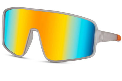 Simple cykelbriller med orange og blå glas set fra siden