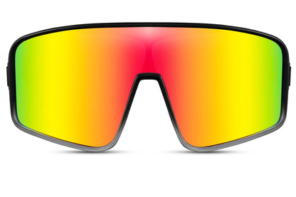 Simple cykelbriller med røde og gule glas set fra fronten