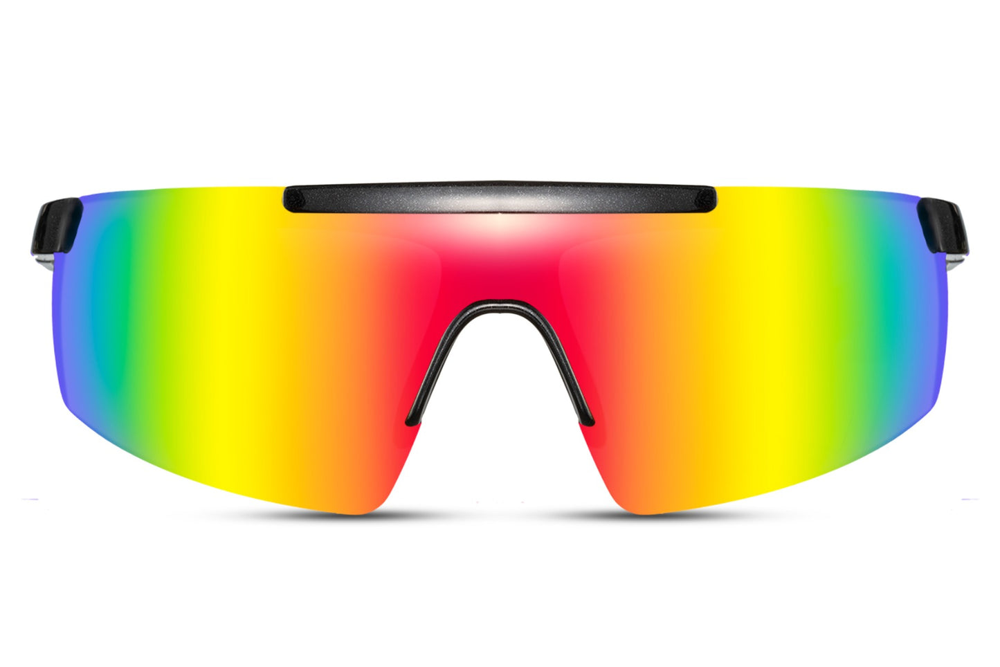 Simple cykelbriller i rød gradient glas og sort stel set fra fronten